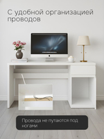 Стол компьютерный, 140х65х73, Марм, письменный с ящиком и дверью, белый с кабель-менеджментом, Dipriz