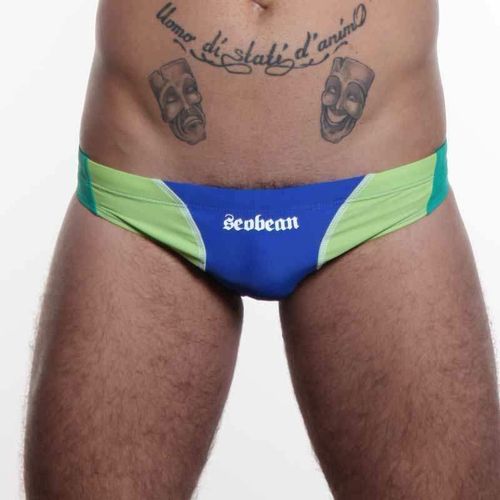 Мужские плавки брифы синие с зелеными вставками Seobean Swim Brief