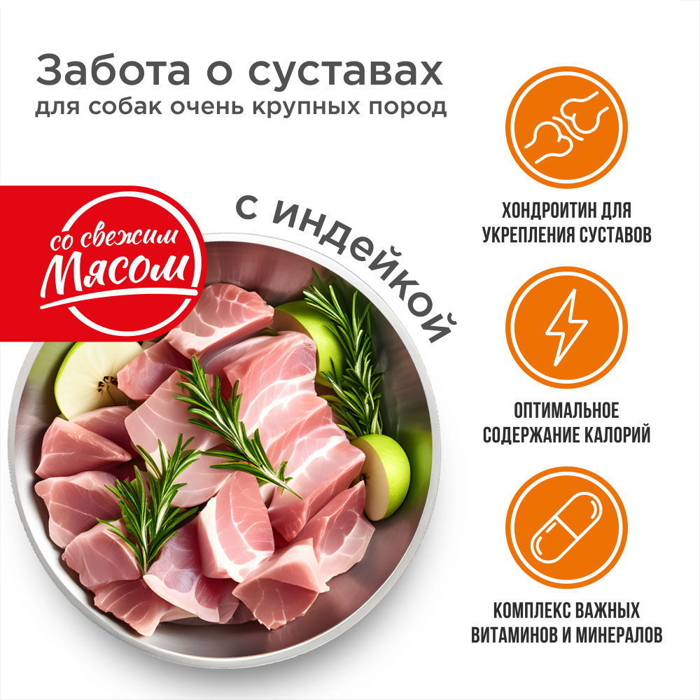 Корм сухой для взрослых собак очень крупных пород, премиум полнорационный комплекс, забота о суставах, с индейкой, 12 кг, QUATTRO