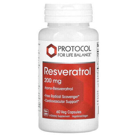 Ресвератрол Protocol for Life Balance, Ресвератрол, 200 мг, 60 растительных капсул