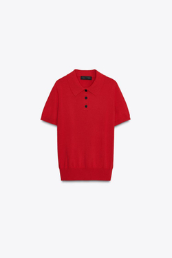 ZARA ТРИКОТАЖНЫЙ ТОП-ПОЛО С КОРОТКИМИ РУКАВАМИ, КРАСНЫЙ