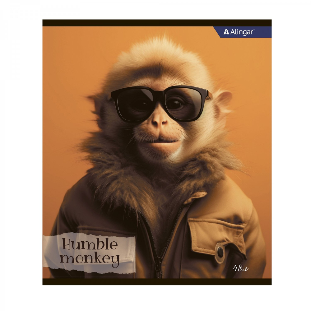 Тетрадь 48л., А5, клетка, Alingar "Funny monkey", скрепка, мелованный картон (стандарт), блок офсет, 4 дизайна в пленке т/у