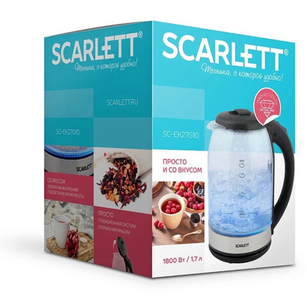 Чайник SCARLETT SC-EK27G10, 1,7 л, 1800 Вт, закрытый нагревательный элемент, стекло, черный