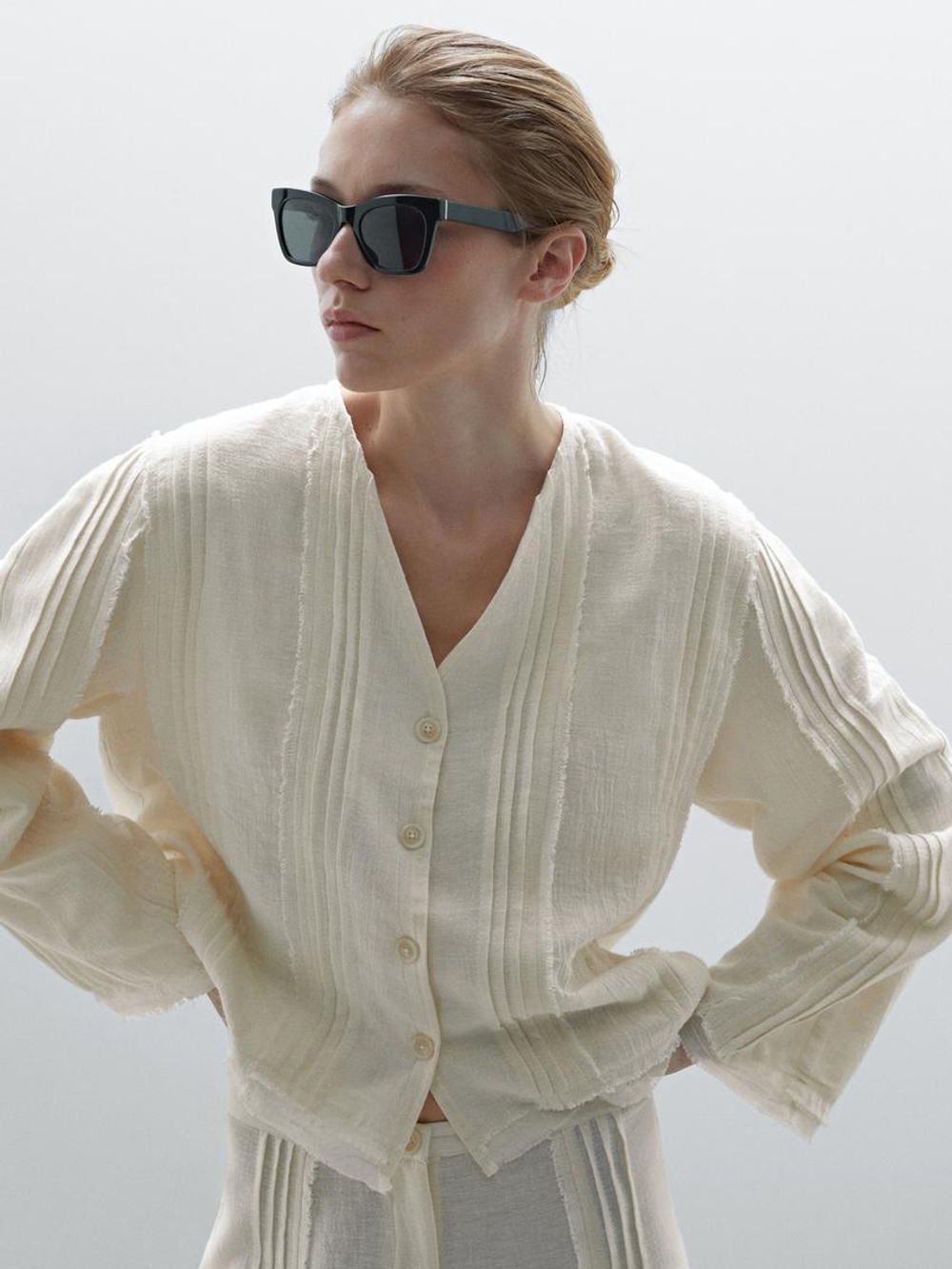 Massimo Dutti Рубашка из смесового хлопка с вышивкой, натуральный, кремовый