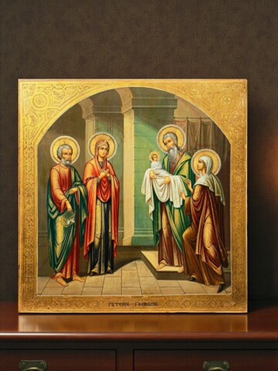 Сретение Господне - Симеон Богоприимец встречает младенца Иисуса Христа. Деревянная икона на левкасе