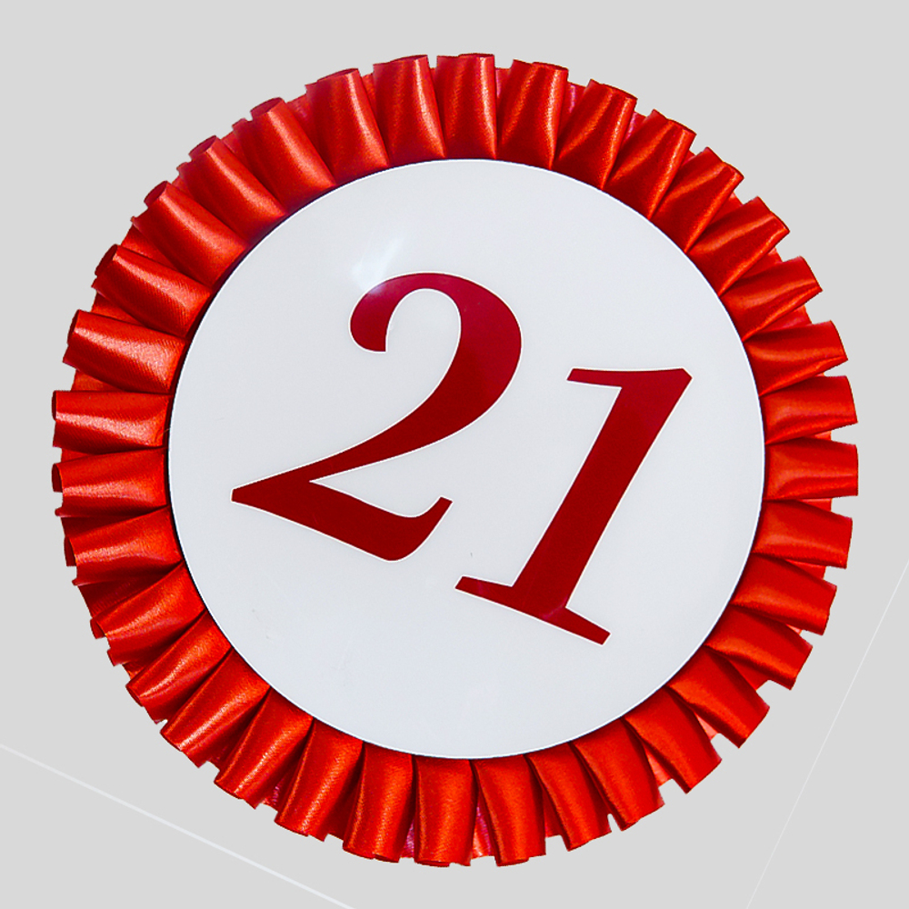 Номер участника, крепление в ассортименте. Диаметр 115 мм. с плиссе. Цвет номера и плиссировки ЯРКО-КРАСНЫЙ.