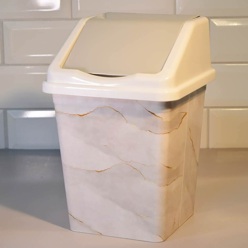 Ведро для мусора 5л с подвижной крышкой квадратное "Белый мрамор"