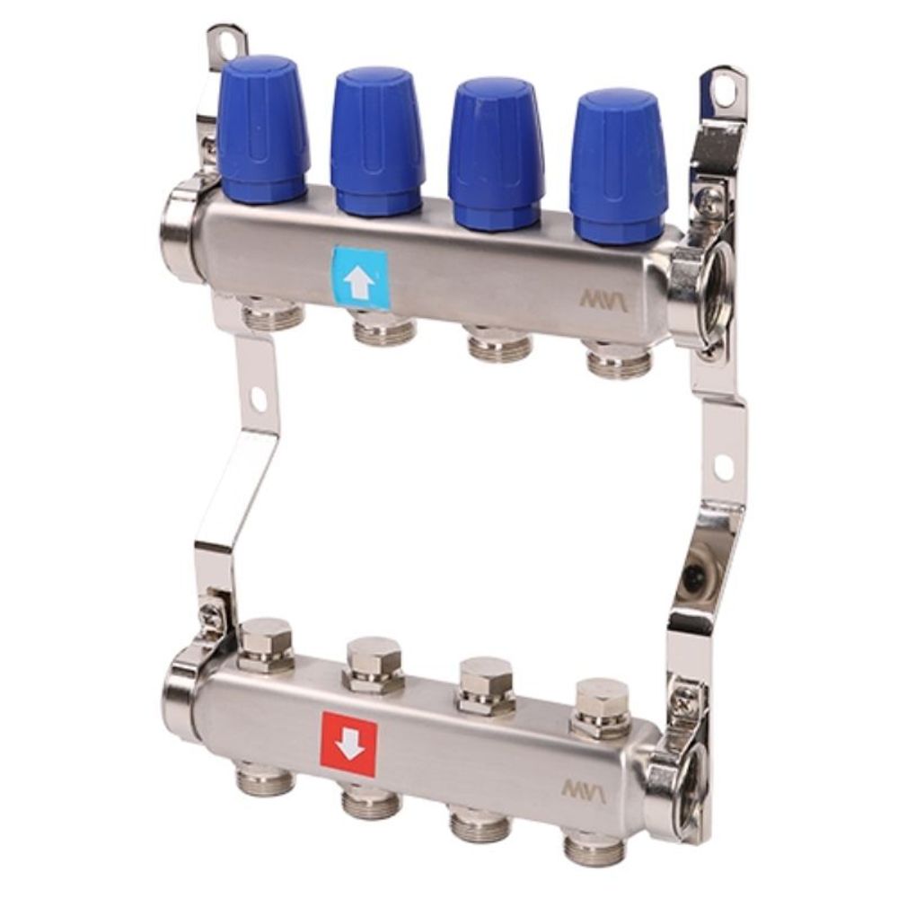 Блок коллекторный MVI из нержавеющей стали DN 25-4 выхода G 3/4, без расходомеров, без дренажного крана и воздухоотводчика, евроконус, MS.404.06