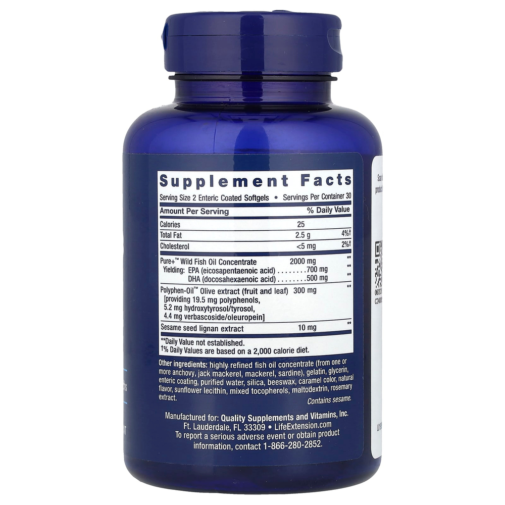 Life Extension, Super Omega-3, рыбий жир с ЭПК и ДГК, лигнанами кунжута и экстрактом оливы, 60 капсул, покрытых кишечнорастворимой оболочкой