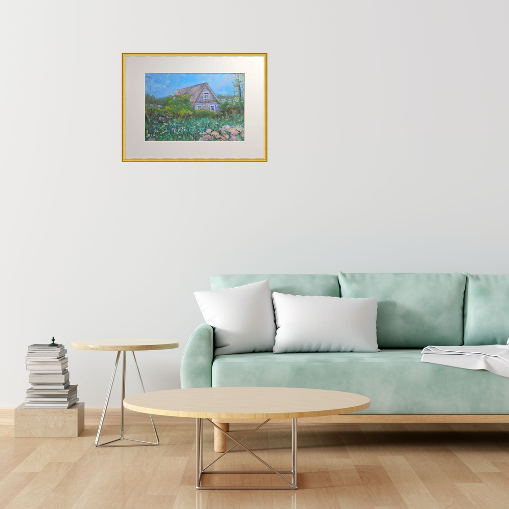 Картина авторская маслом на холсте в паспарту 30х40 см на стену для интерьера "Брошенный дом"