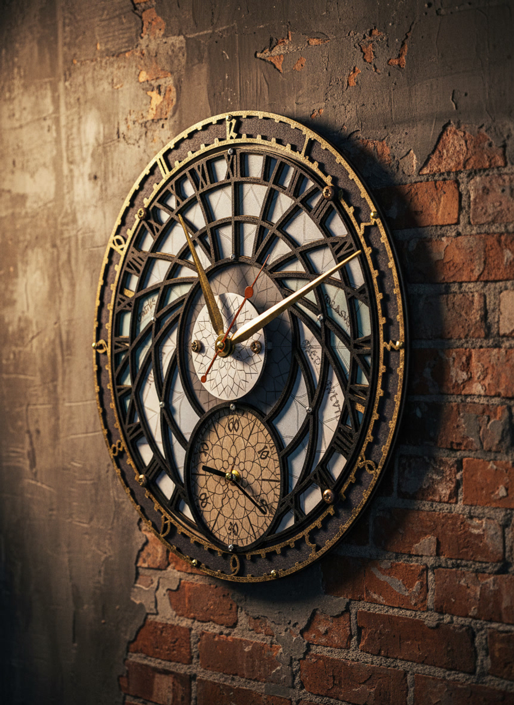 Деревянные часы WOODandROOT «Башня Волшебника» с двойным циферблатом и ручной отделкой, закреплённые на кирпичной стене в тёплом освещении.