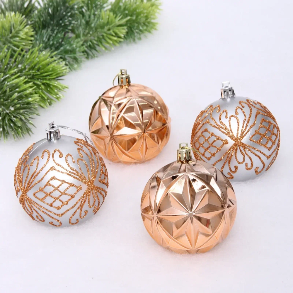 Новогодние шары 7 см (набор 4 шт) «Симфония леса», шампань/серебро