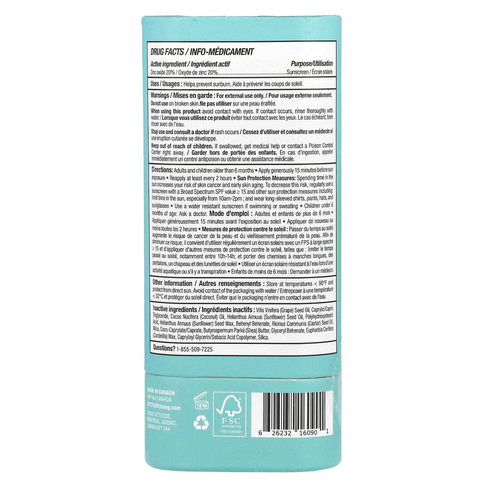 ATTITUDE, Sunly, минеральный солнцезащитный стик, SPF 30, без запаха, 60 г (2,1 унции)