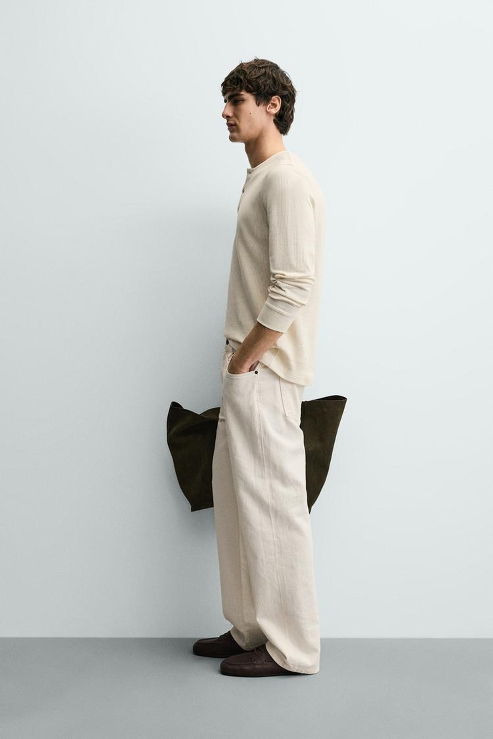 ZARA ФУТБОЛКА ИЗ РЕЛЬЕФНОГО ТРИКОТАЖА В РУБЧИК, ЭКРЮ