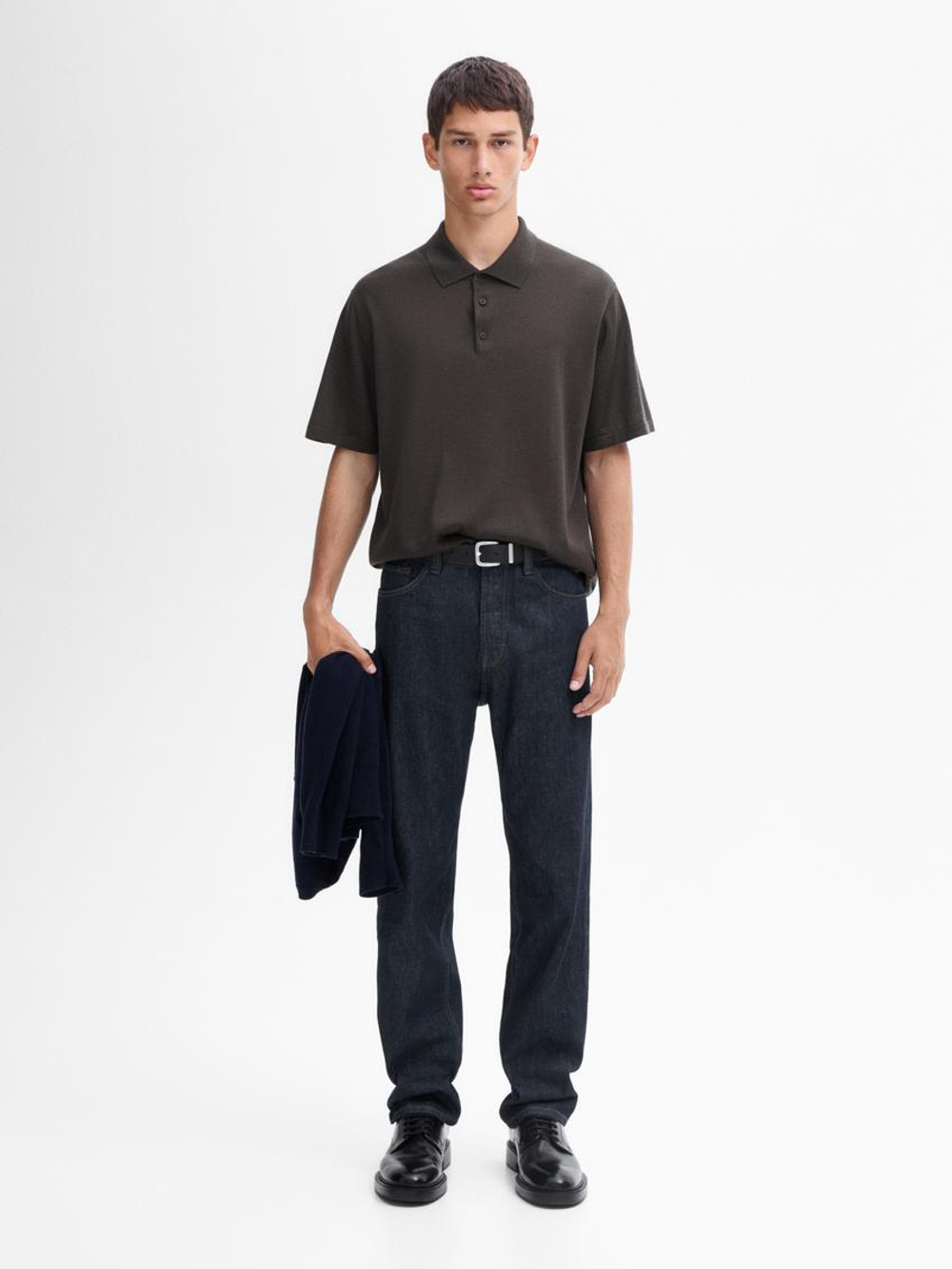 Massimo Dutti Поло из смесовой шерсти с воротником поло и короткими рукавами, серый