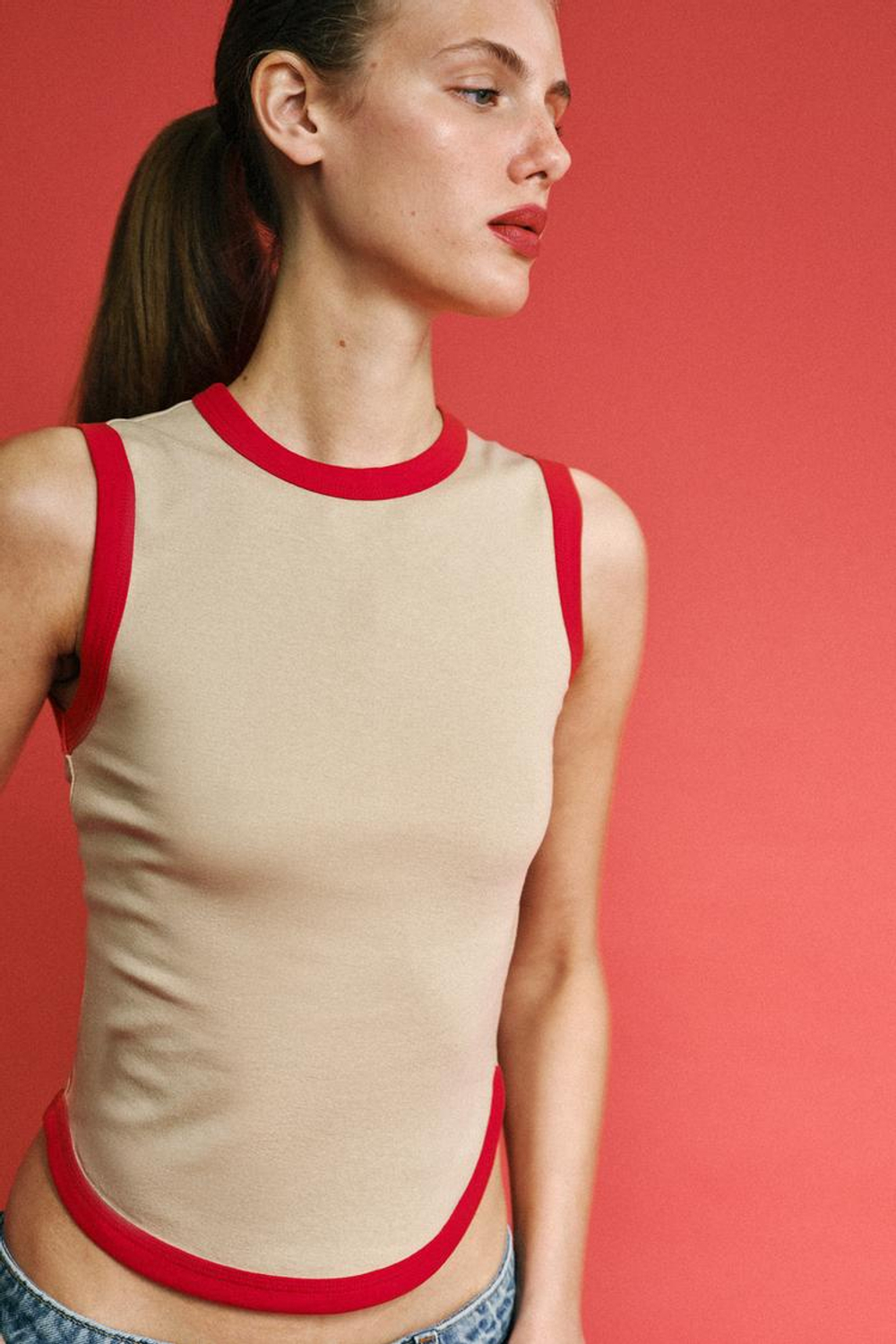 ZARA ФУТБОЛКА С КОНТРАСТНЫМИ ПОЛОСАМИ,БЕЖЕВЫЙ