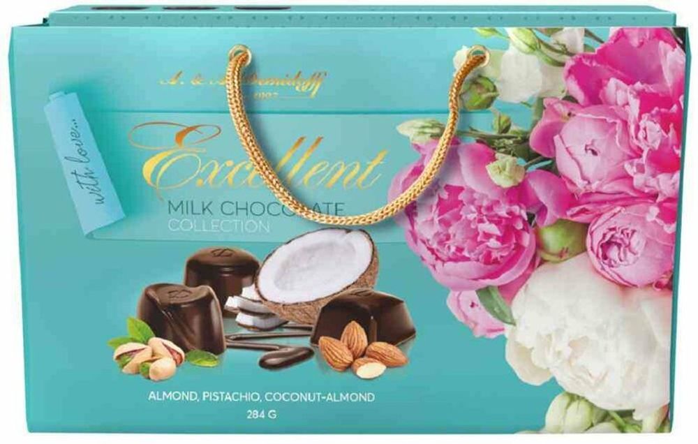 Ассорти конфет Demidoff из молочного шоколада с начинками (миндаль, фисташка, кокос-миндаль) в сумке 284г