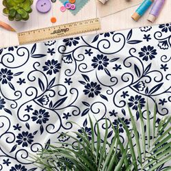 Ткань муслин роспись синими цветами на бежевом фоне