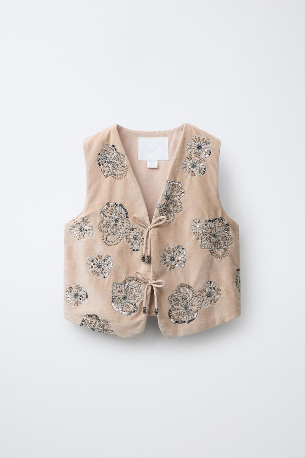 ZARA БАРХАТНЫЙ ЖИЛЕТ С ВЫШИТЫМИ ЦВЕТАМИ И ПАЙЕТКАМИ, ТЕЛЕСНО-РОЗОВЫЙ