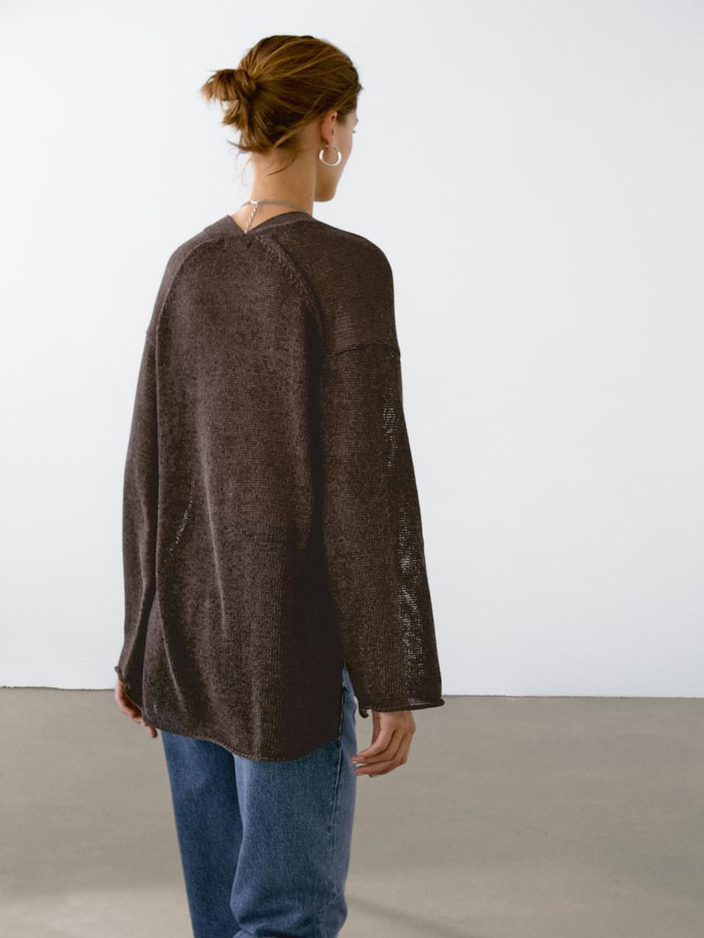 Massimo Dutti Кардиган оверсайз из тонкого трикотажа, шоколадный