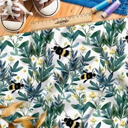 Ткань премиум сатин насекомые в зеленых веточках