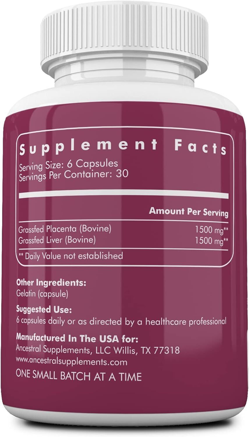 Ancestral Supplements - Grass Fed Beef Placenta 500 mg 180 capsules
