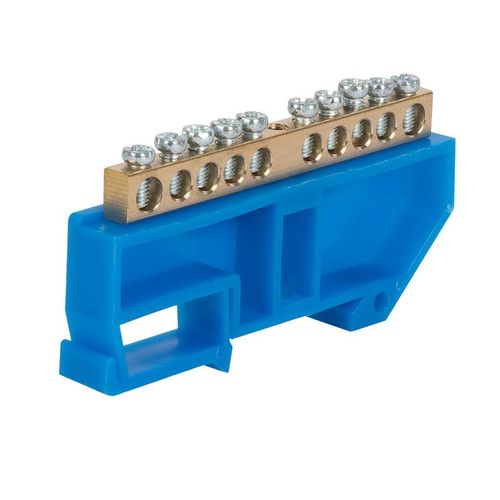 Шина нулевая N 10 отверстий изолятор на DIN-рейку синий 6х9 мм