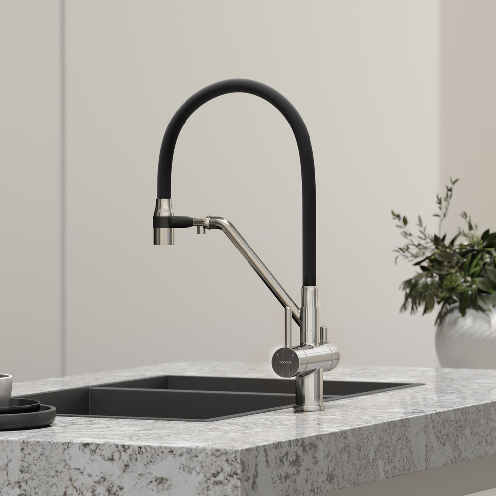 Смеситель для кухни Sancos Dora с гибким изливом, цвет брашированный никель/черный, арт. SC4003BN