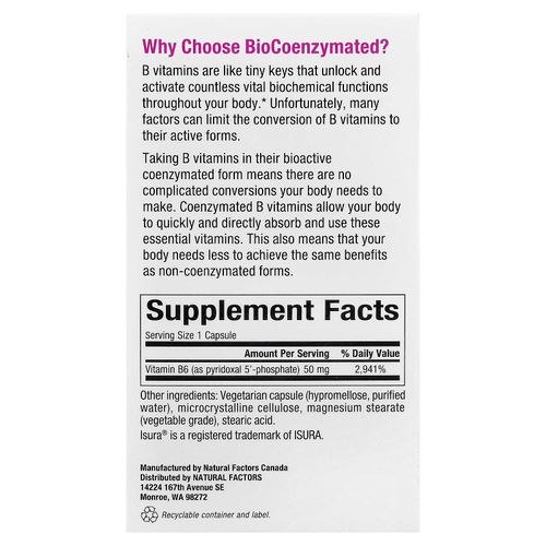 Natural Factors, BioCoenzymated®, B6, пиридоксаль 5'-фосфат, 50 мг, 30 вегетарианских капсул