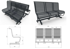 Секция стульев перфорированная трехместная неразборная на круглой трубе без подлокотников