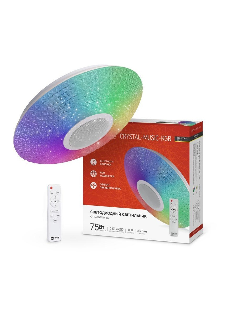 Светильник светодиодный COMFORT CRYSTAL-MUSIC-RGB 75Вт 3000-6500К 6000лм 230В 505х125мм с пультом ДУ IN HOME 4690612044569