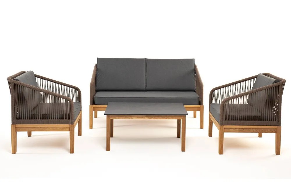 "Канны" лаунж-зона 4-местная из роупа со столиком "Канны" (серый гранит), основание дуб, роуп коричневый