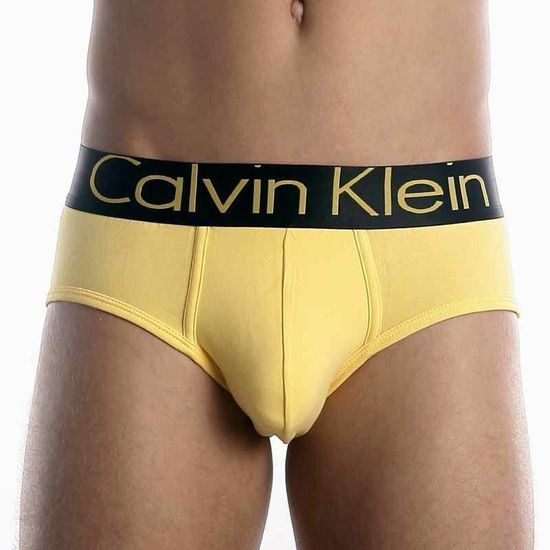 Мужские трусы брифы жёлтые с чёрной резинкой и жёлтыми буквами Calvin Klein Steel Black Waistband Yellow модал