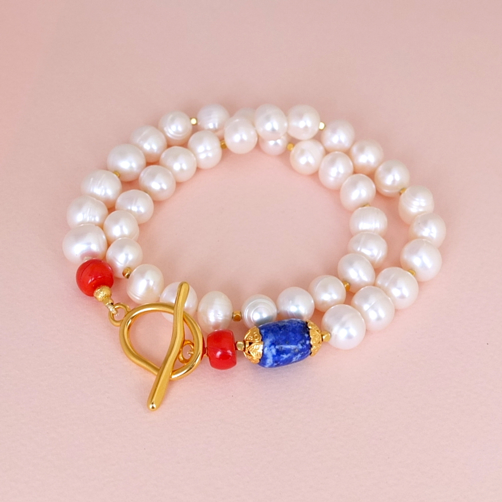 Бусы из крупного жемчуга с камнями, премиальное золочение