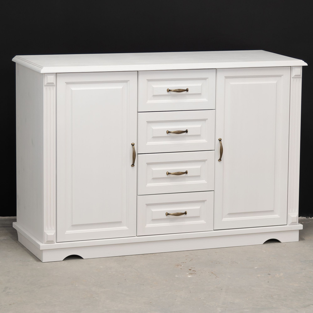 Комод белый с ящиками и дверцами Харви из массива сосны с филенкой для спальни и кухни в викторианском стиле, комод деревянный для вещей и одежды на ножках напольный