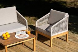 "Канны" лаунж-зона 4-местная из роупа со столиком "Канны" цвета "дуб", основание дуб, роуп бежевый