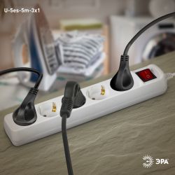 Удлинитель электрический ЭРА U-5es-5m-3x1 с заземлением с выключателем 5 розеток 5м ПВС 3x1мм2 16А | Бытовые удлинители