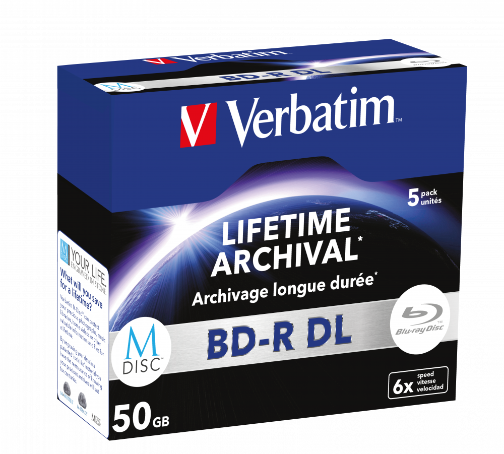Оптический диск Verbatim BD-R DL 50GB 6X MDISC Lifetime archival, Jewel Case, 5 шт