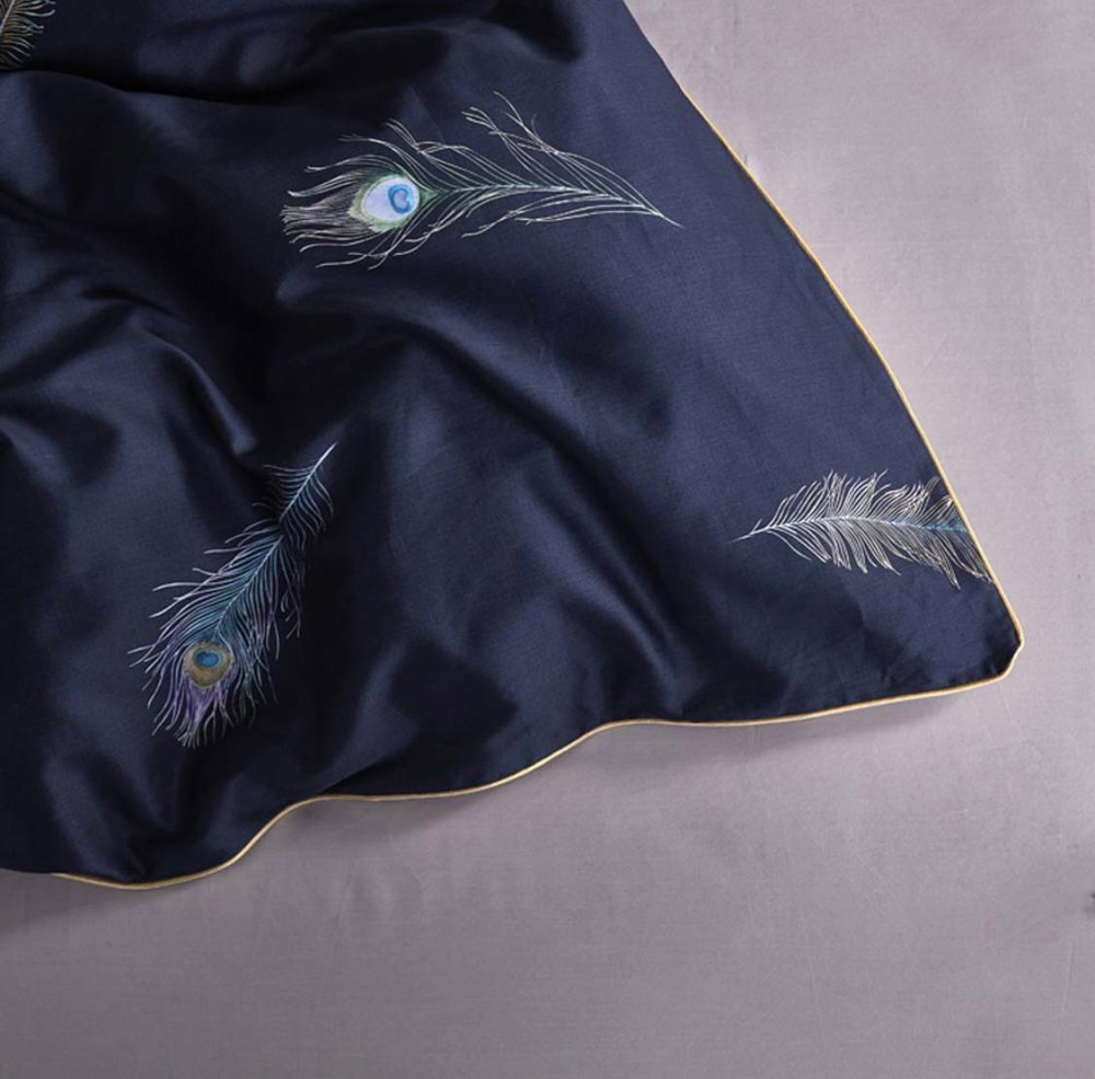 Комплект постельного белья Семейный (2 пододеяльника) Мако-сатин Египетский Хлопок Синий перья