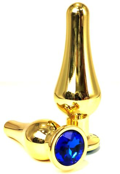 Золотистая удлиненная анальная пробка с синим кристаллом - 11,5 см. (Цвет: синий)
