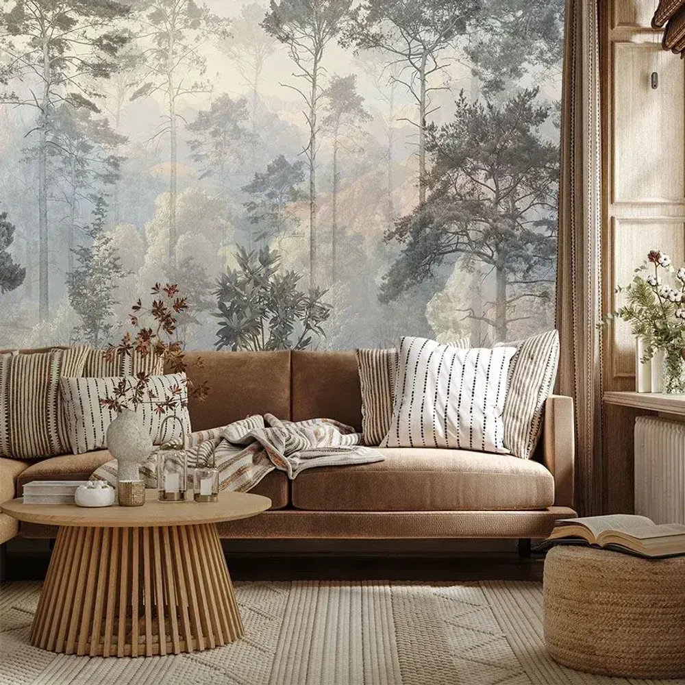 Флизелиновые фотообои 3Д на стену DreamWall "Лес фреска Арт. 70182" 408х275 см, моющиеся виниловые обои на кухню, в детскую, с эффектом 3d для спальни, декор для интерьерного покрытия в доме