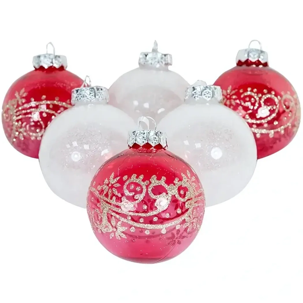 Набор шаров АЖУРНЫЕ УЗОРЫ красный+БЕЛЫЙ,d8см 6шт.