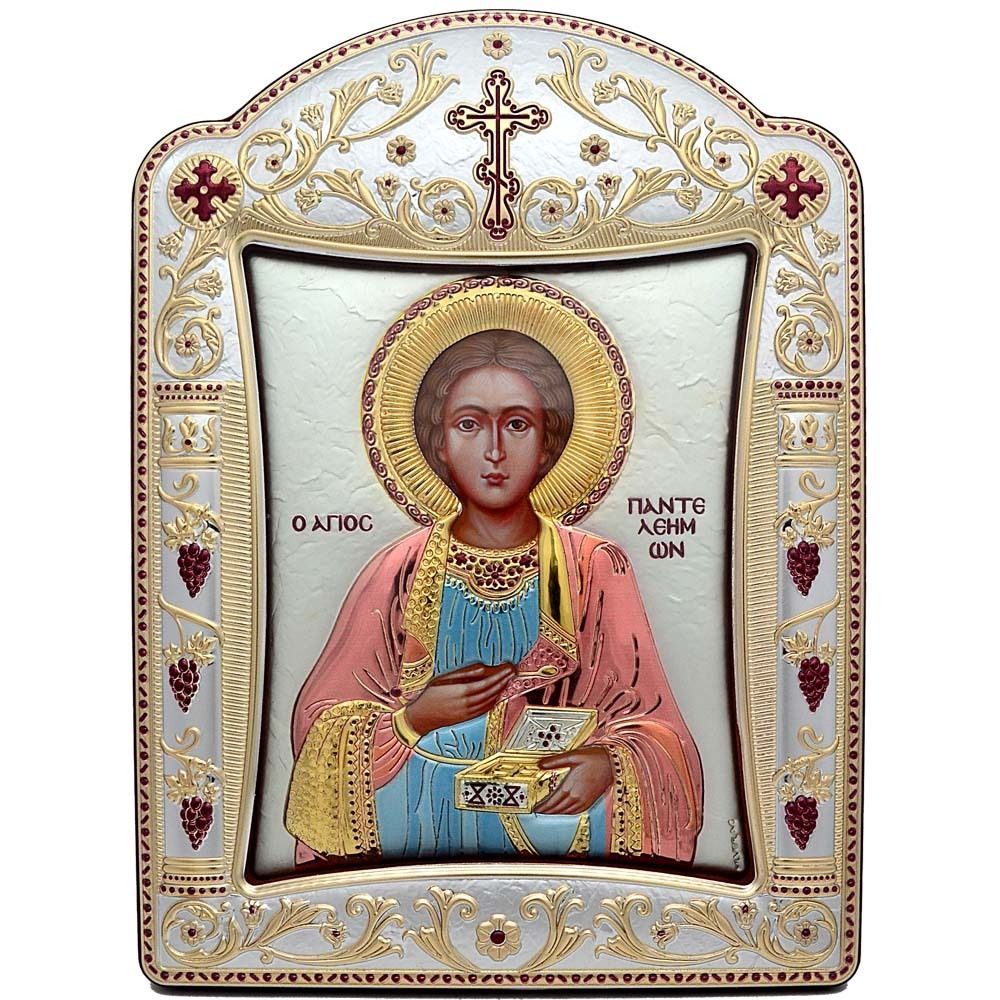 Святой Пантелеймон Целитель. Икона в серебряном окладе.