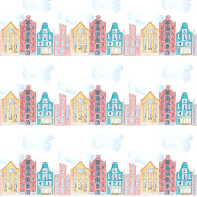 Seamless pattern with watercolor illustrations of colorful Amsterdam houses. Amsterdam skyline