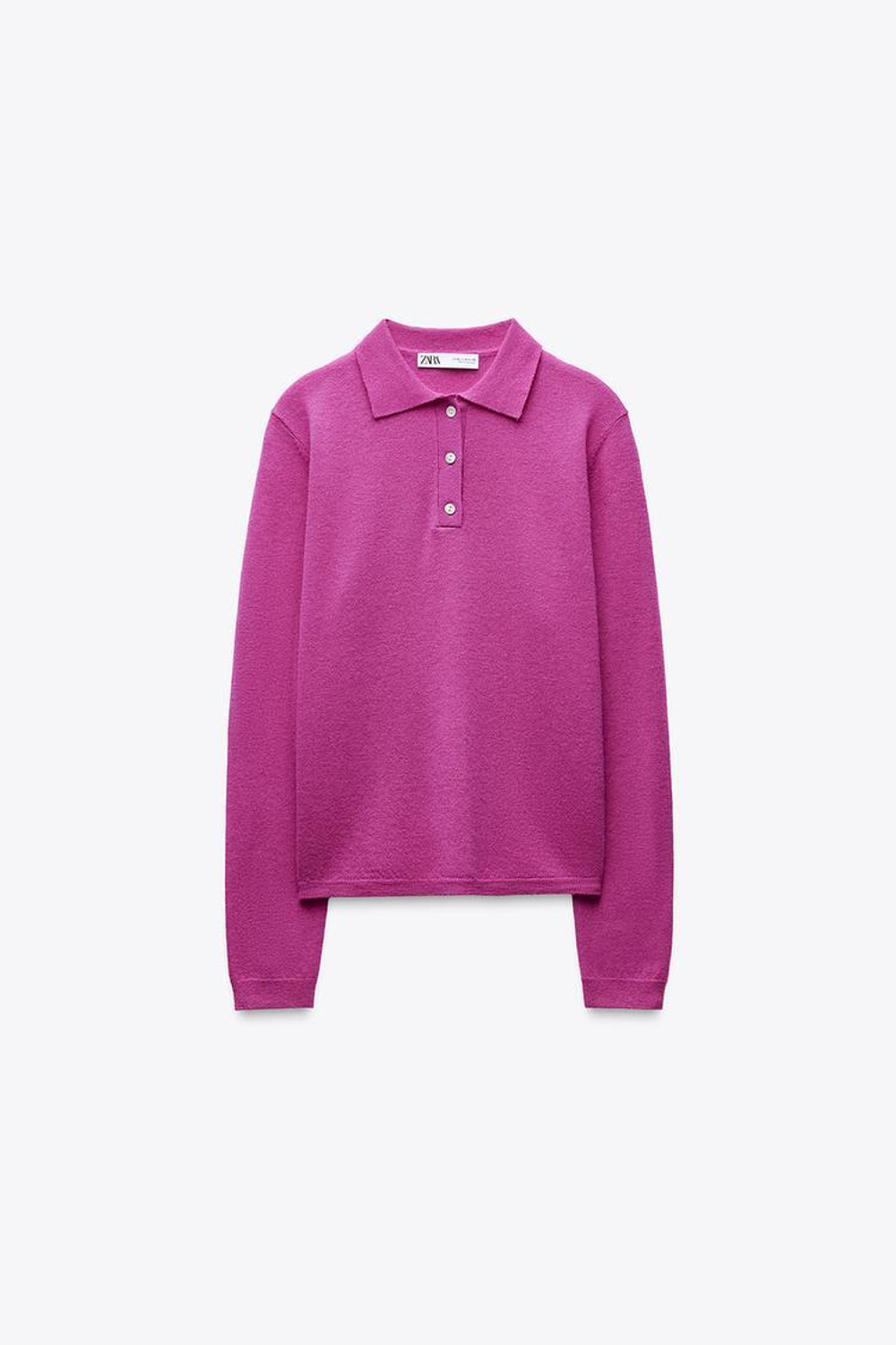 ZARA ОДНОТОННЫЙ СВИТЕР ИЗ 100% ШЕРСТИ С ВОРОТНИКОМ ПОЛО, ЦВЕТ ФУКСИИ