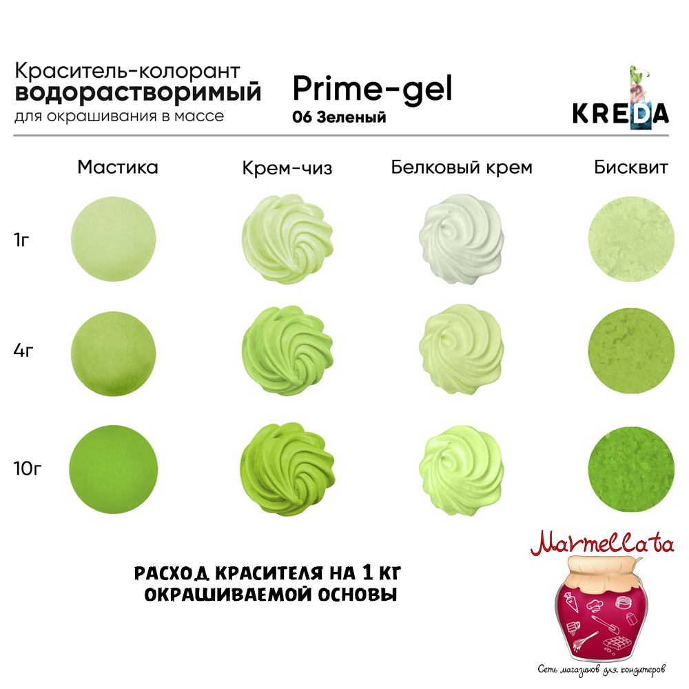 Краситель водор-ый пищевой гелевый "Kreda Prime-gel", ЗЕЛЕНЫЙ 06 (10 мл.)