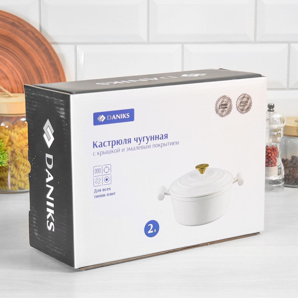 Кастрюля 2л чугунная с крышкой, с эмалевым покрытием, индукция, "Daniks" S-ACE220803-20