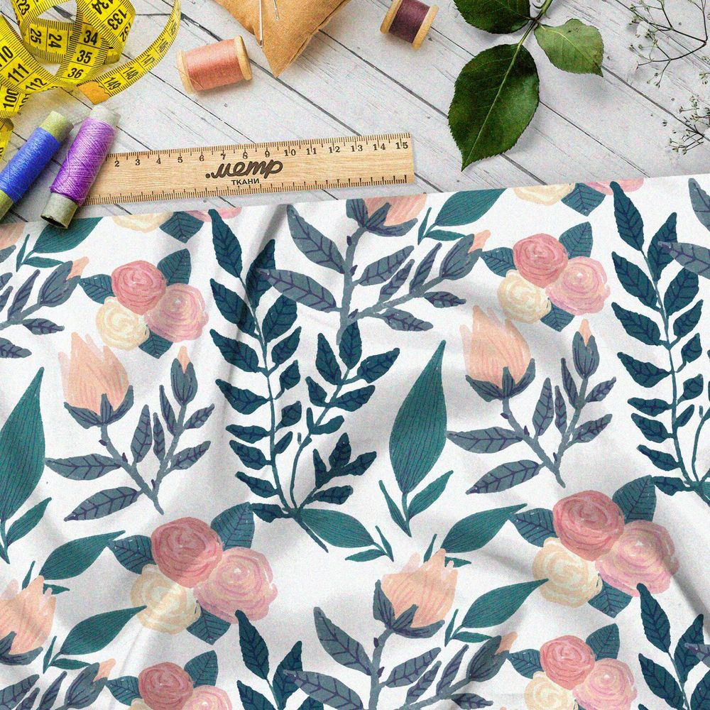 Ткань бязь нарисованные маркерами цветы и листья на белом фоне