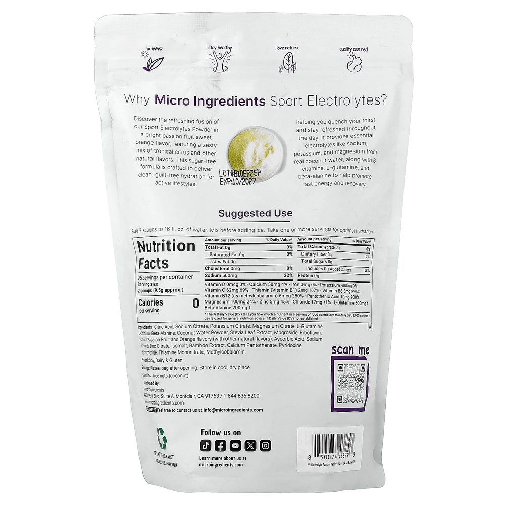 Micro Ingredients, электролиты в порошке, маракуйя и цитрус, 907 г (2 фунта)