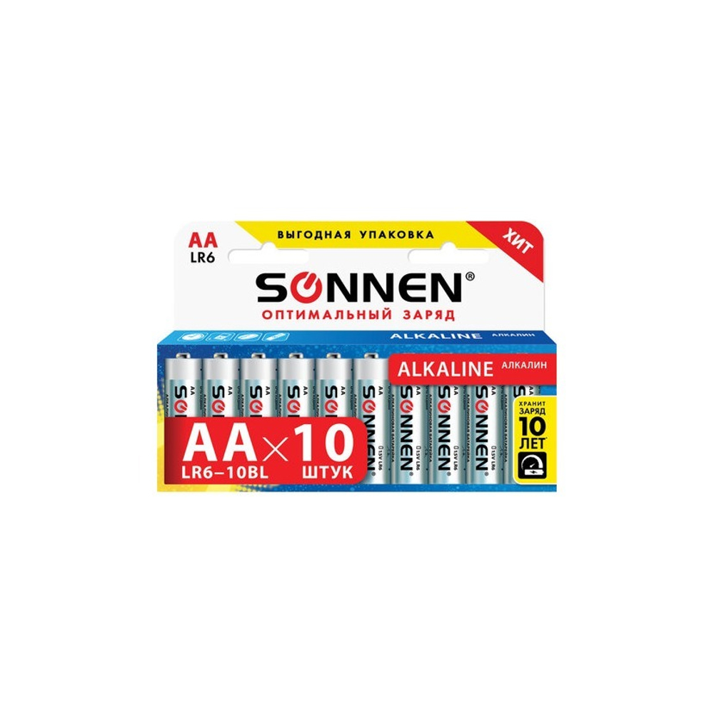 Батарейка АА SONNEN Alkaline, алкалиновые 10шт. 451086